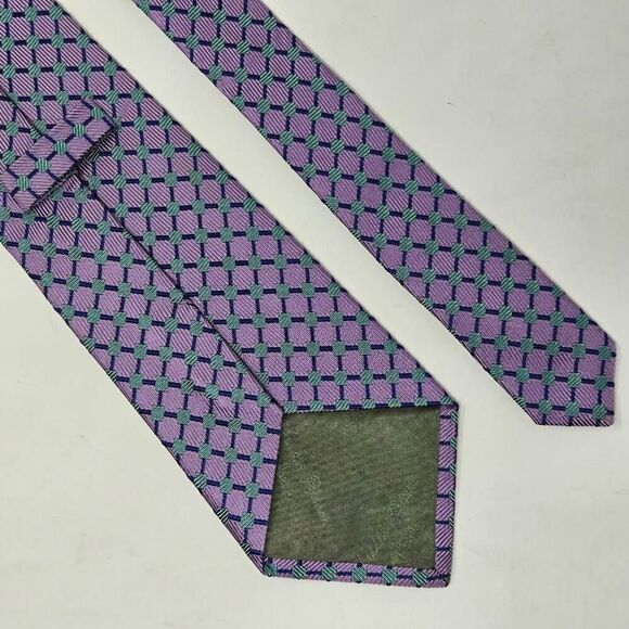 TURNBULL & ASSER SILK TIE PURPLE BLUE GREEN GEOMETRIC CHECKER SATIN 3.5" X 57" - Picture 2 of 3